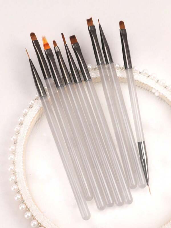 9pcs Premium Translucent Grey Handle Nail Brush - Ultra Fine Illustration And Drawing Pen With Synthetic Bristles For Detailed Nail Design, Suitable For Nail Art Beginners And Salons.
