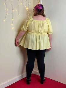 Enliva Abidrinkell Plus Size Solid Color Women Puffy Sleeve Bow Front Peplum Peasant Casual Summer Shirt, Yellow, Back To School Cute Lunch Casual Clothes For Easter, For Apple Rounded Body Shape - Yellow - View 4