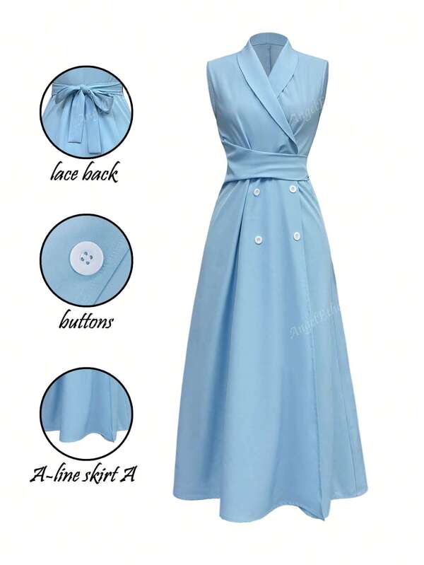 Vestido elegante de cor sólida sem mangas com botões frontais para mulheres