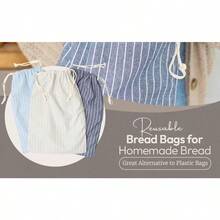 Reusable Linen Bread Bags 3 Pack XL 16.5 X 12 In For Homemade Bread Storage - StripedPattern - View 2