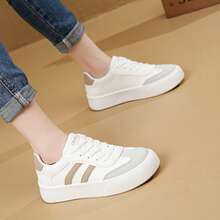 女士户外运动休闲鞋，当季小白鞋，女士新款校鞋，软底工作鞋，百搭滑板鞋，平底鞋 - 白卡其色 - 查看 3