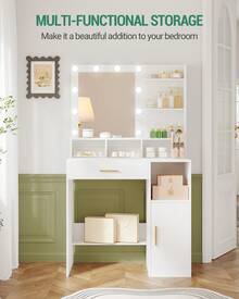 Hzuaneri Dressing Table With Mirror And 10 LED Lights, Makeup Vanity With 3 Shelves & 4 Open Compartments, Large Drawer & Cabinet, Adjustable Lighting Brightness - White - View 4