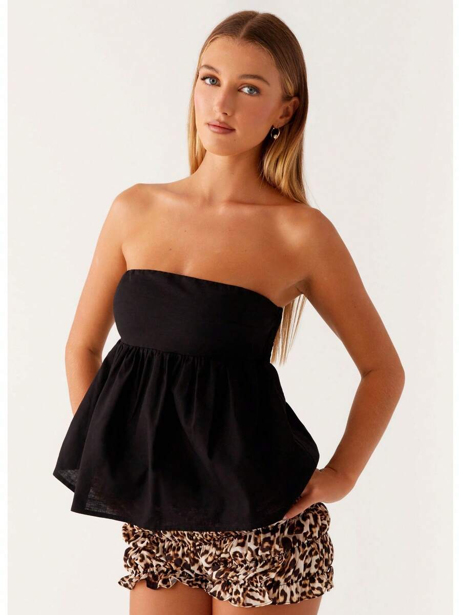 Women Summer Flowy Tube Top Y2k Solid Color Strapless Off The Shoulder Loose Fit Babydoll Bandeau Crop Tops Backless Sleeveless Going Out Tops Vests Shirts Casual Streetwear - 黑色 - 查看 1