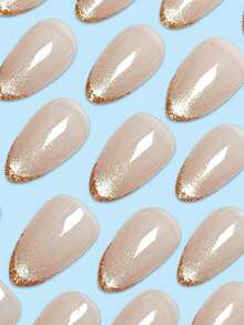 Bộ 24 miếng dán móng tay màu nude hạnh nhân bóng mắt mèo + 1 miếng gel thạch + 1 miếng đệm móng, bộ dụng cụ làm móng tay đơn giản cổ điển dưỡng ẩm sang trọng - Nhiều màu - Xem 3