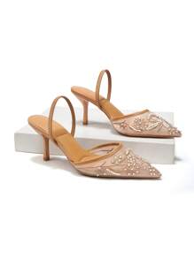 Women' Mesh Handmade Embroidered Pearl Pointed Toe Slip-On Breathable High Heel Pumps, New Bridal Versatile Party Sexy Elegant Floral Embroidered Pearl High Heel Shoes