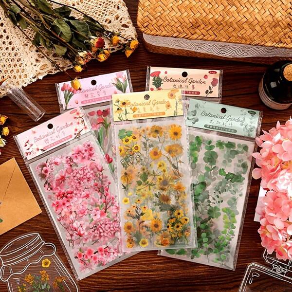 8 stuks/set Retro Plant Series Transparante PET Scrapbook Stickers, Waterdichte Transparante Zelfklevende Stickers, Geschikt voor Glazen Kantoorbenodigdheden, Handboekoppervlakken, Veervrij, Plantenthema, Bloemenpatroon Stickers