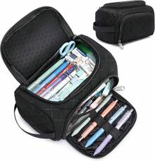 Estuche de Lápices de Gran Capacidad, Organizador Multifuncional con Compartimentos, Bolsa de Papelería Simple para Viaje, Bolsa de Lápices de Tela para Hombres, Mujeres, Niñas y Niños (Negro) - Negro acolchado - Ver 1