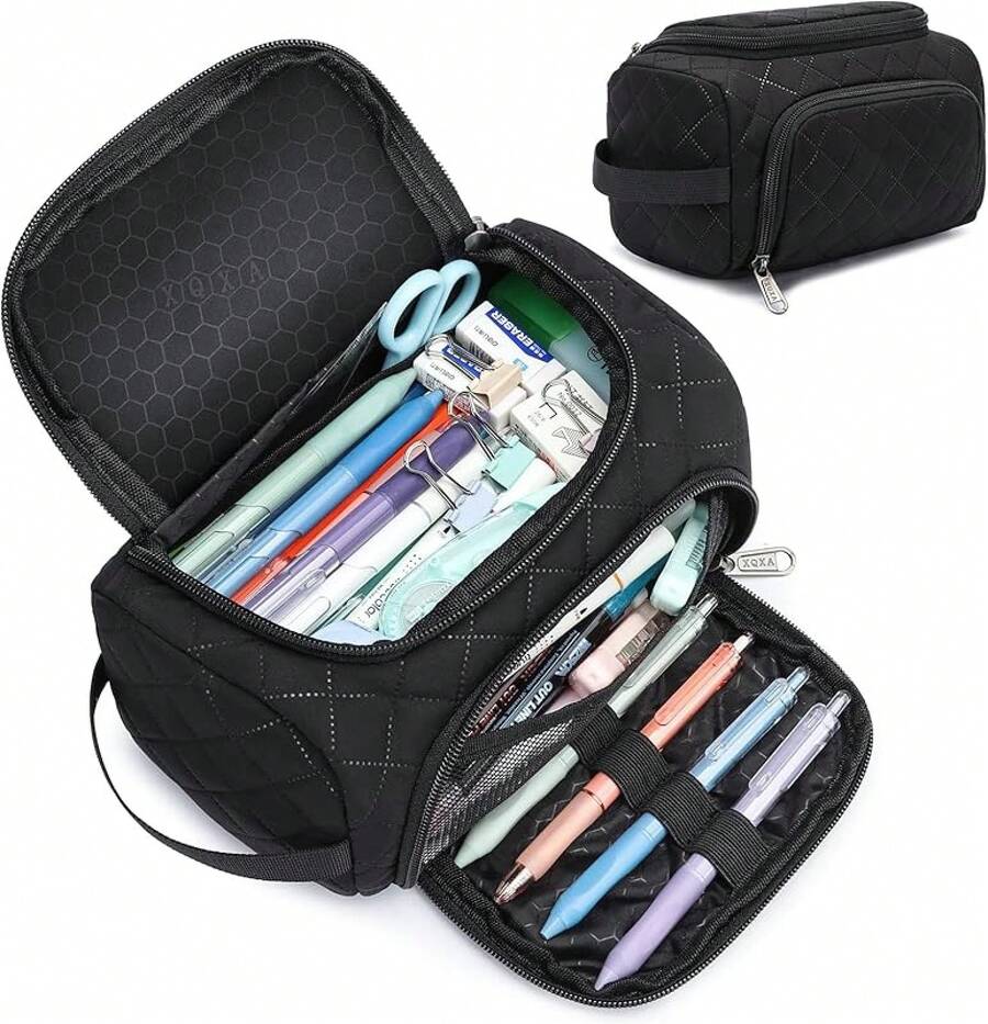 Estuche de Lápices de Gran Capacidad, Organizador Multifuncional con Compartimentos, Bolsa de Papelería Simple para Viaje, Bolsa de Lápices de Tela para Hombres, Mujeres, Niñas y Niños (Negro) - Negro acolchado - Ver 1