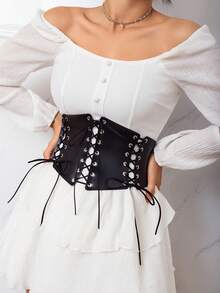 1 chiếc thắt lưng da PU màu trơn cổ điển dành cho nữ, đai nịt eo thon gọn - màu đen - Xem 2