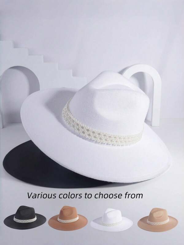 1 pieza Sombrero de ala ancha con forma de corazón en estilo de lana para mujer, con decoración de cadena con cuentas en la banda de la cintura, diseño de ala ancha para estilizar el rostro, estilo versátil unisex, apto para actuaciones en el escenario y senderismo