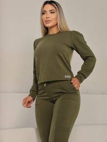 MAYSA Women's Set Sweatshirt 2 Pieces Pants And Long Sleeve Crop Top WINTER - xanh quân đội - Xem 8