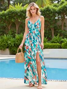 Vestido De Tirantes Con Abertura Alta Y Estampado Para Mujer, Casual De Vacaciones - Verde - Ver 1