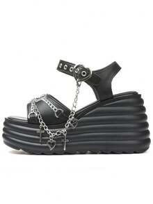 New Black Summer Slope Heel Shoes For Woman Thick Bottom Women's Punk Fashion Sandals For Women Casual Slippers Comfortable Shoes Women's Gothic Style Cross Chain Detail Platform Sandals Summer Shoes - màu đen - Xem 10
