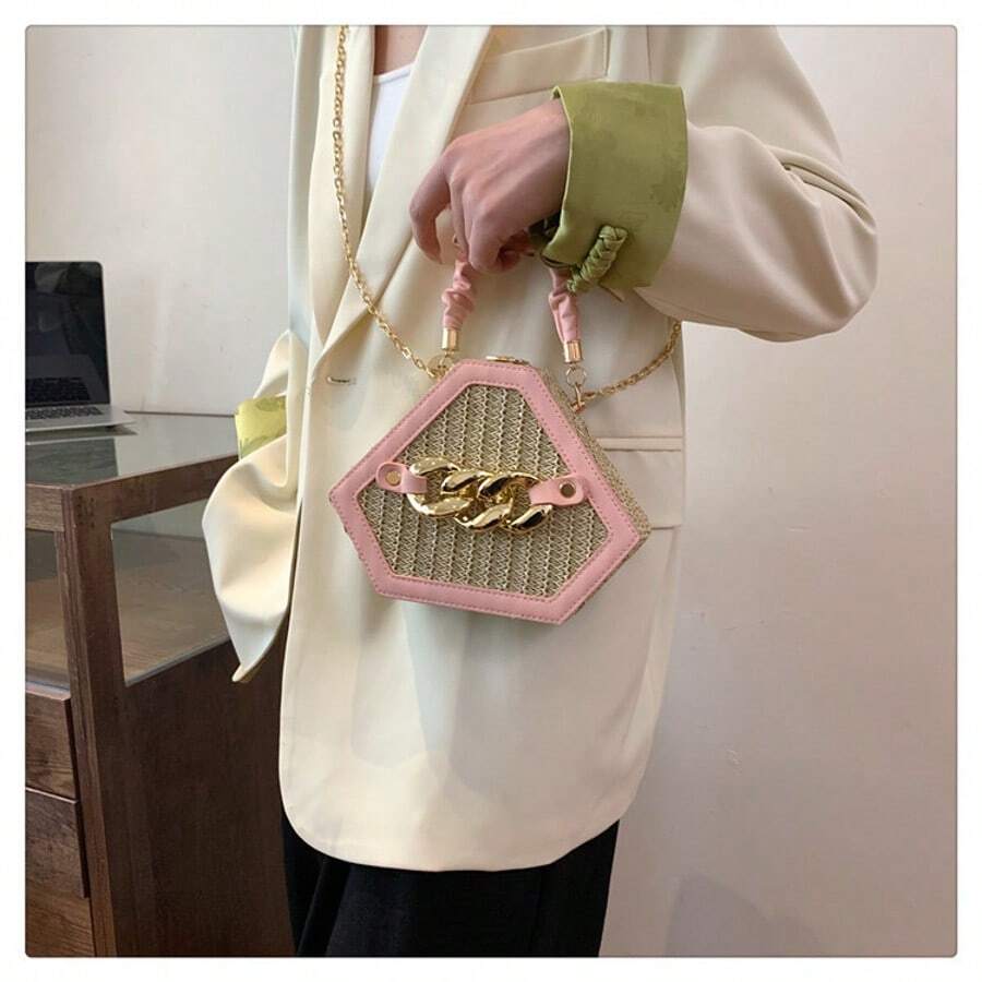 Woven Straw Bag For Women, Handmade Straw Shoulder Bag For Women, Suitable For The Beach, Daily Commuting, And Vacation. (Black/White/Pink) - Pink - View 1