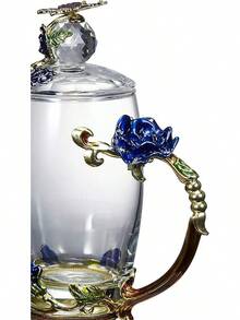 Flower Teacup Transparent Glass Teacup, (With Spoon   Lid), Fancy Tea Cups, Flower Tea Cup,Tea Cup Gift, Gifts For Women,Mother's Day Present,Gift Box. (Rose Blue High Cup) - 玫瑰藍高杯 - 查看 5