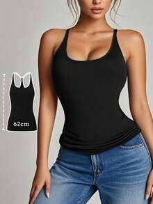 1pc Backless Casual Minimalist Sleeveless Loose Long Tank Top With Deep V Neckline - Black - View 3