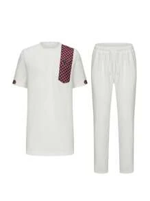 Conjunto de 2 piezas de túnica africana para hombre con camisa de manga corta con efecto de empalme y pantalones casuales - Vestimenta tradicional elegante para fiestas y festivales