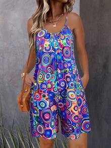 女士沙滩装鲜艳佩斯利印花吊带无袖连体衣，女士夏季阔腿连体裤（S-XXL），女士休闲无袖度假装连体衣 - 藍色 - 查看 1