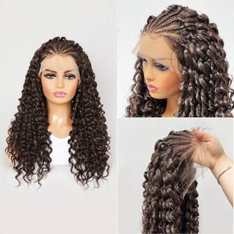 26 Inches Maroon Synthetic Lace Front Braids Curly Gluless Wigs With Baby Hair Dark Brown Wig