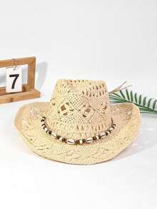 1 件女士夏季装饰锆石链镂空透气草帽，男女通用时尚个性化牛仔帽，防晒，适合海滩度假和日常穿着，父亲节的绝佳礼物选择（珠子略有色差，但不影响使用）