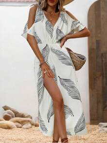 Vestido Con Estampado De Hojas De Estilo Festivo De Verano, Elegante Vestido Largo Con Abertura y Cuello En V De Manga Corta - Blanco - Ver 5