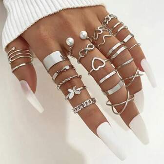 22pcs/Set Openable Multi-Joint Ring Set, Heart, Butterfly, Faux Pearl, Metal Cross Rings For Women, Unique Design
