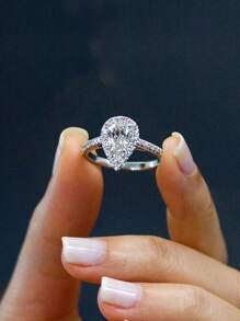 1pc Copper Rhinestone & Zirconia Water Drop Ring, Creative Shiny Bridal Wedding Jewelry For Women, Suitable For Daily, Dating, And Wedding Wear, Gift For Girlfriend/Friends