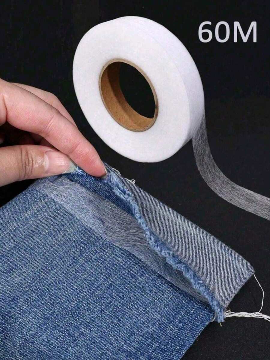 1/2 卷 60 米熨烫式卷边胶带、双面粘合衬、热熔织物粘合网、不含用于服装的无纺布热熔胶布、薄胶网膜底部卷边胶带、非常适合粘合和工艺项目、无纺布装饰带、白色双面 DIY 胶带（用于缝纫用品）