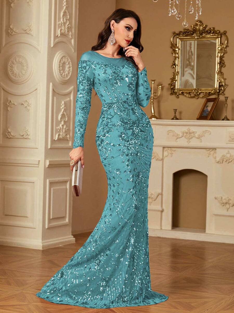 hezixi Stretchy Sequin Dress, Extremely Comfortable Fit For Various Figures, Sheer Round Neck Long Sleeve Bodycon Mermaid Hem Design, Solid Color Elegant Luxury Maxi Dress For Women, Enhances Youthful Charm, Suitable For Parties, Graduations, Weddings And Other Occasions. - 草綠色 - 查看 1