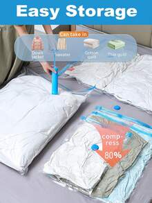 5pcs Vacuum Compression Zipper Storage Bags, Vacuum Compression Bags [Pump Not Included] Suitable For Clothes, Bedding, Closet Storage - Saves 80% Space, Travel Storage Bags (5 Sizes Available) - Blue and White - View 3