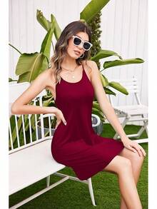 Women's Racerback Sleeveless Nightgown, Sleepwear - Burgundy - View 2