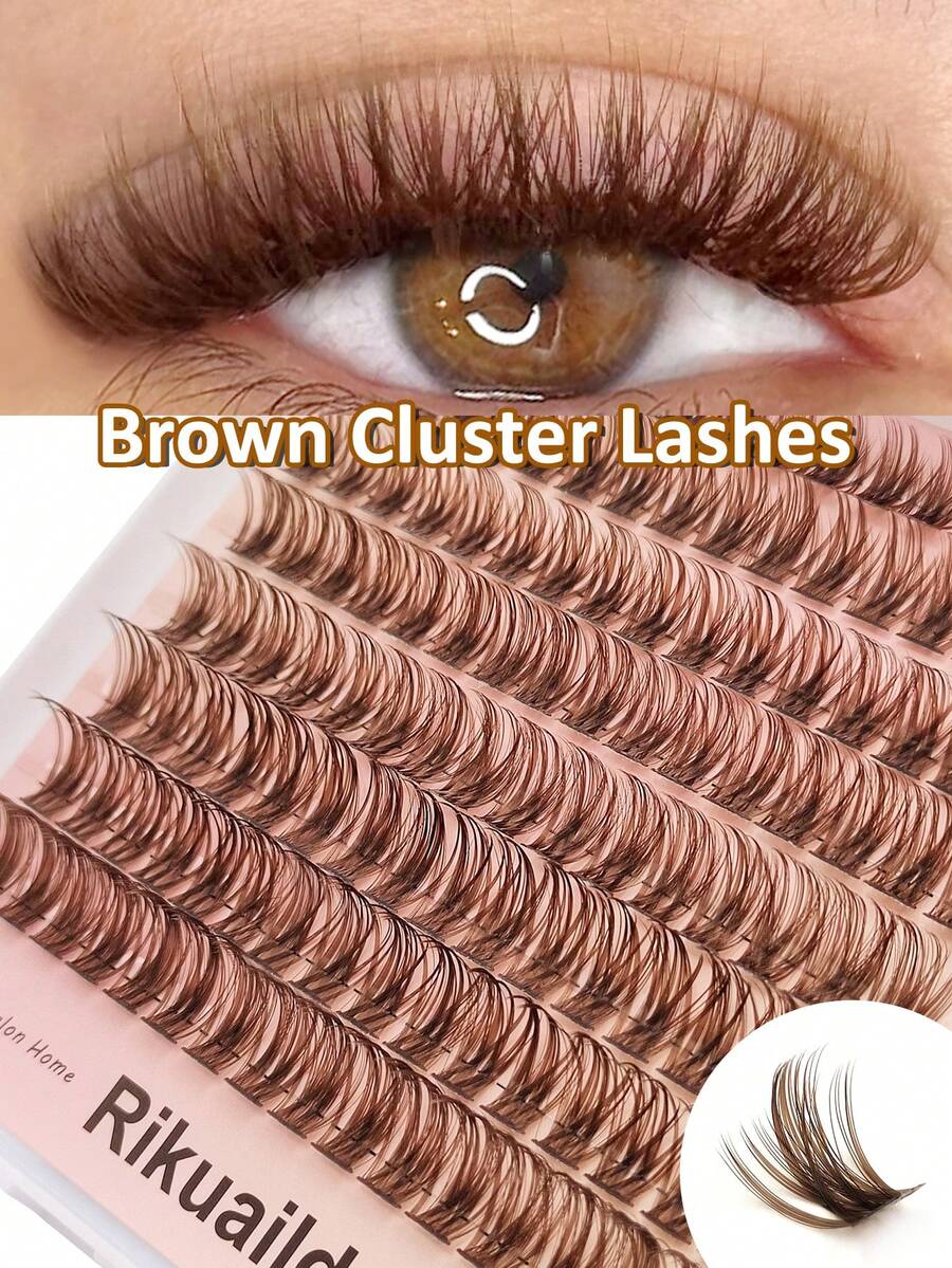 Rikuaild 128pcs Brown Fluffy False Eyelashes, D Curl Lifting, DIY Eyelashes, Faux Mink Lashes, Segmented Extension Lashes, Natural Fluffy Makeup Tool - D - View 1