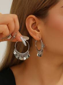 1 paire de nouvelles boucles d'oreilles créoles à pompons rondes et métalliques, boucles d'oreilles en alliage de style bohème fashion haut de gamme pour femmes