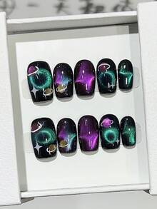 10 Stücke Sommer süße coole Y2K Katzenaugen-Acryl-Aufnägel kurz quadratisch, handgemacht mit Gelee-Kleber und Nagelfeile, DIY Nagelkunst Zubehör für Valentinstag, Musikfestival, Schule, Reisen, handgemachte Aufnägel - Verschiedenfarbig - Übersicht 3