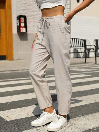 Lanwont Women's Linen Trousers Summer Casual High Waist Drawstring White Beach Pants