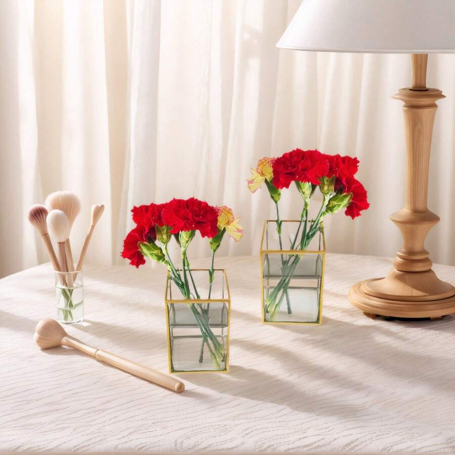 Set de 2 jarrones de vidrio cuadrados y delgados con borde alto que incluyen elementos metálicos dorados integrados, sin costuras y a prueba de fugas, adecuados para el Día de San Valentín, el Día de la Madre, la Navidad