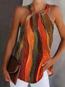 Plus Size Women's Print Halter Neck Vintage Sleeveless Halter Top - 彩色 - 查看 1