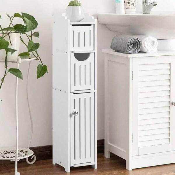 Badezimmerschrank, freistehendes Aufbewahrungsmöbel mit Tür, weiß, 78 x 20 x 18 cm, 3 Etagen, modern, Badezimmer