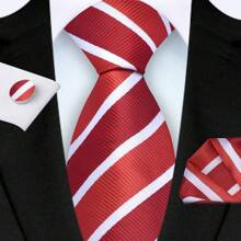 3-Piece Set: 8cm Necktie, Pocket Square & Cufflinks, Plaid Striped Geometric Pattern, High-Quality Classic & Fashion Business/Casual Necktie Set, Men's Wedding/Holiday/Party Gift