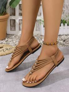 Women's Elastic Band Solid Color Bohemian Fashion PU Leather Beaded Criss-Cross Flat Sandals, Suitable For Party, Beach, Outdoor, Summer,Flip Flops - Yellow Brown - View 3