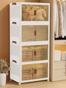 4layers Plastic Storage Bins, Stackable Storage Box With Lid, Folding Storage Containers With Lockable Wheels For Bedroom, Living Room, Study, Office - White - View 4