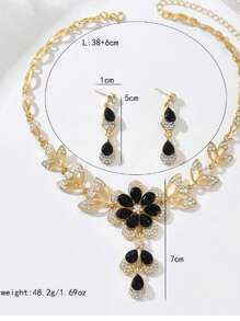 3pcs Women Necklace Earrings Set - Beautiful Flower Design With Rhinestones, Black Water Drop Flower Tassel Necklace, Elegant Delicate Choker, Shiny Party Gift