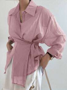 Ladies' Casual And Fashionable Simple Solid Color Shoulder Loose Wrapped Knotted Shirt For Spring And Autumn Styles