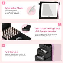 Rolling Portable Manicure Table With 3 Drawers, Mirror & Nail Polish Organizer, Lockable Makeup Train Case With Foldable Nail Desk, Cosmetic Travel Case For Workstation Mobile, Nail Tech-Pink - Pink - View 6