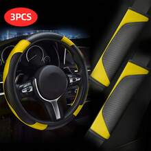 3pcs/Set PU Leather & Carbon Fiber Non-Slip Steering Wheel Cover + 2pcs Shoulder Pads Car Accessories Sets, Universal Fit, Adds Color To Your Car! Multiple Colors Available,Car Accessories