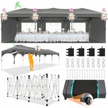tooluck 10x30ft Pop Up Canopy Tent Gazebo For Parties With 5 Sidewalls Push Center Lock & Air Vent Waterproof & UPF50+ Gazebo Outdoor Tent For Party Wedding BBQ With 4 Sandbags 8 Stakes & 16 Ropes,Grey - 灰色 - 查看 1