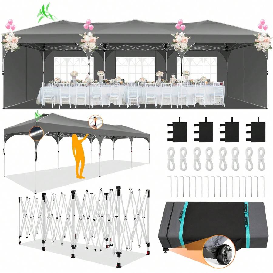 tooluck 10x30ft Pop Up Canopy Tent Gazebo For Parties With 5 Sidewalls Push Center Lock & Air Vent Waterproof & UPF50+ Gazebo Outdoor Tent For Party Wedding BBQ With 4 Sandbags 8 Stakes & 16 Ropes,Grey - 灰色 - 查看 1