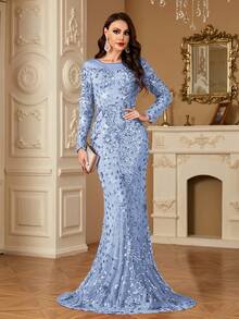 hezixi Stretchy Sequin Dress, Extremely Comfortable, Suitable For Different Figures, Sheer Round Neck Long Sleeve Fitted Mermaid Hem Design, Solid Color Elegant Luxury Maxi Dress For Women, Enhances Youthful Charm, Suitable For Various Parties, Graduations, Weddings And Other Occasions. - Màu xanh lam - Xem 2