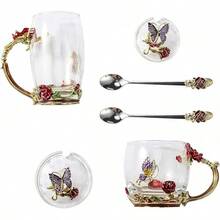 Taza de té de flor de vidrio transparente (con cuchara y tapa), tazas de té elegantes, taza de té de flor, taza de té como regalo, regalos para mujeres, regalo para el Día de la Madre, en caja de regalo. (Taza alta azul rosa) - Rojo - Ver 5