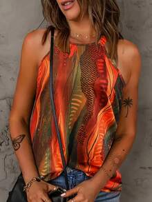 Plus Size Women's Print Halter Neck Vintage Sleeveless Halter Top - 彩色 - 查看 4